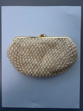 La Regale Cream Beaded Frame Clutch with Gold Trim